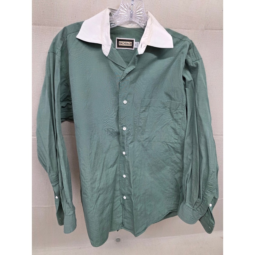 Bachrach Men Button Down Shirt 14.5 32/33 Sage GreenWhite Contrast Collar Pocket